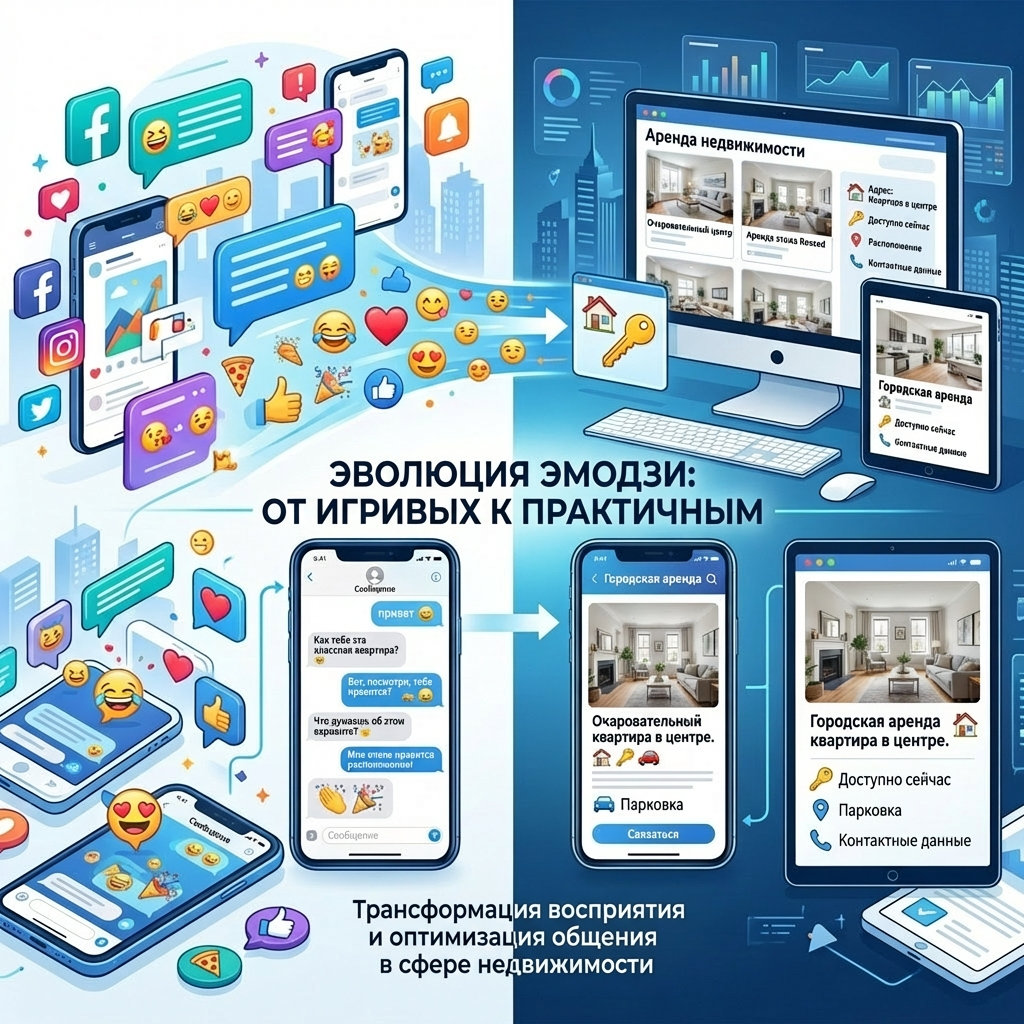 Эволюция эмодзи: от игривых смайликов в чатах к практическим иконкам в объявлениях об аренде недвижимости — трансформация общения в мессенджерах и на сайтах